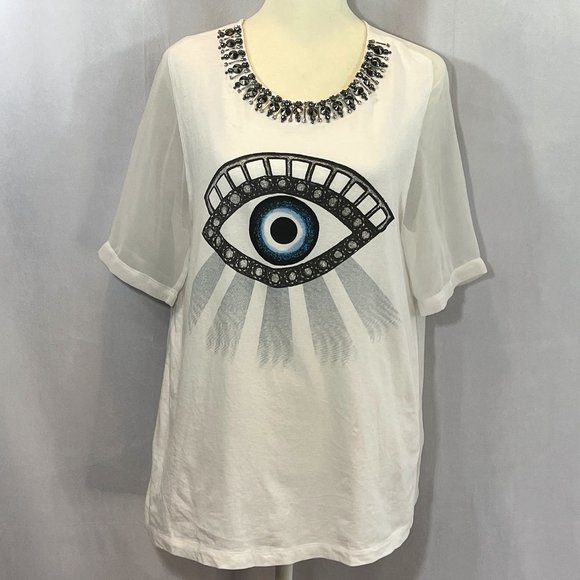 Sandro Paris White Eye Graphic Top with Jeweled Neckline Size 1 or Small - Picture 1 of 11